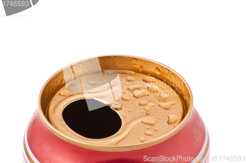 Image of Red aluminum can closeup with water drops