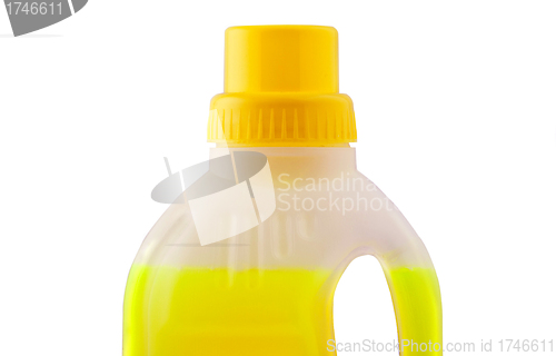 Image of Plastic bottle of dishwashing liquid on white background