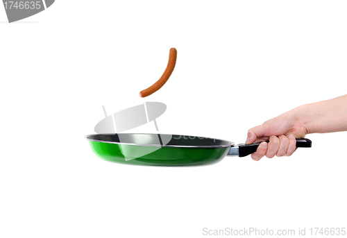 Image of Pan in hand with sausage