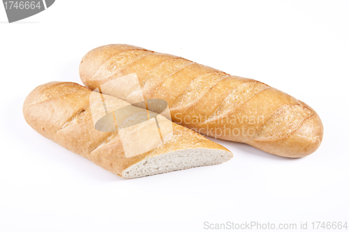 Image of fresh baguette on white background