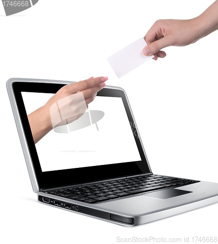 Image of Hands with blank card and notebook closeup