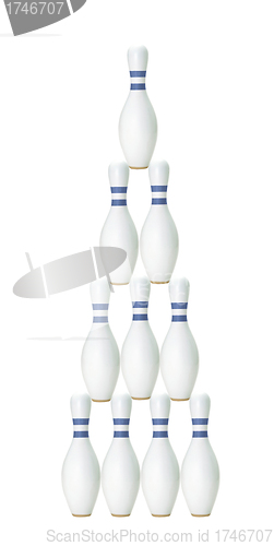 Image of Bowling , white skittles on white background