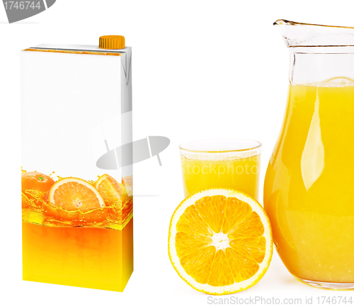 Image of Fresh orange juice in a glass and carton box