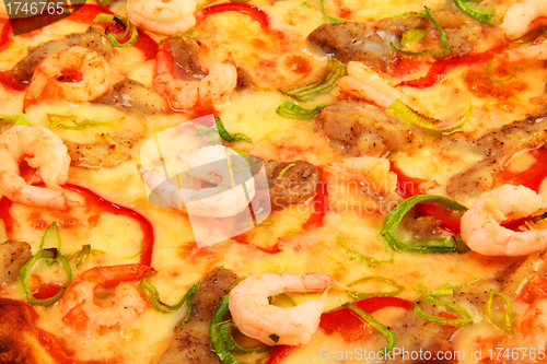 Image of pizza with shrimps background