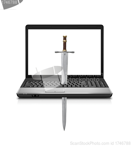 Image of sword pierces a laptop - concept