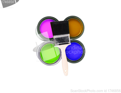 Image of four colorful paint cans with paintbrush