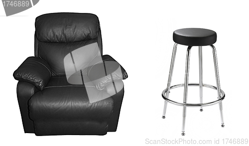Image of Black sofa and leather chair on white