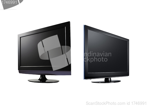 Image of two LCD high definition flat screen TV against white background