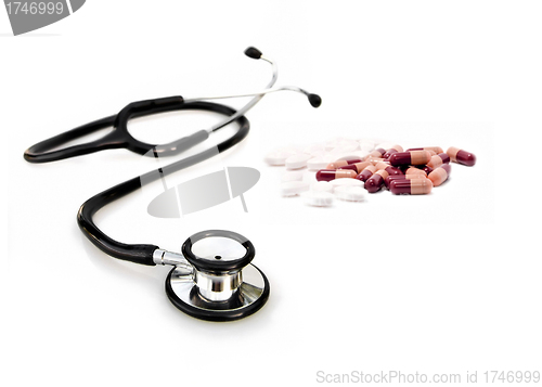 Image of doctors stethoscope with pills