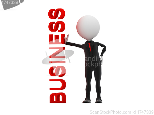 Image of 3d businessman standing near business word on whiteboard