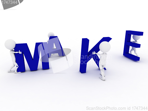 Image of 3D humans forming blue make word, 3d render