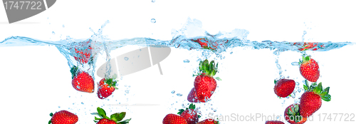 Image of Collage Fresh Strawberry Dropped into Water with Splash