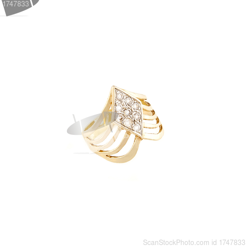 Image of Gold ring with clear stones on white background 