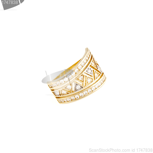 Image of Gold ring with clear stones on white background 
