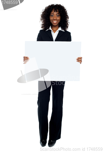 Image of Business lady promoting big blank banner ad