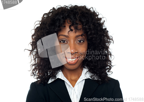 Image of Closeup of portrait of smiling businesswoman