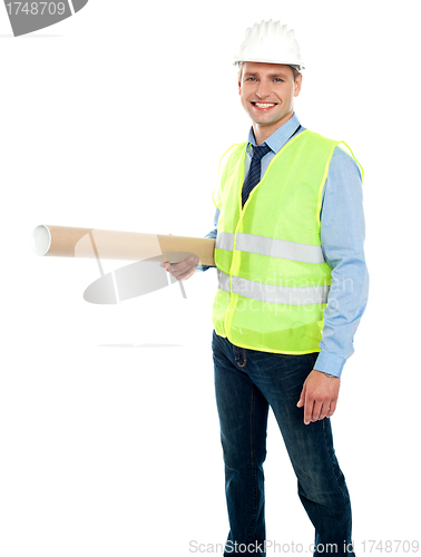 Image of Smiling young architect holding blueprint