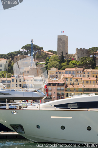 Image of harbor yachts view of Old City Fortress Cannes France French Riv