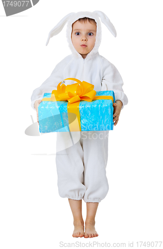 Image of Funny boy dressed as a rabbit with a gift