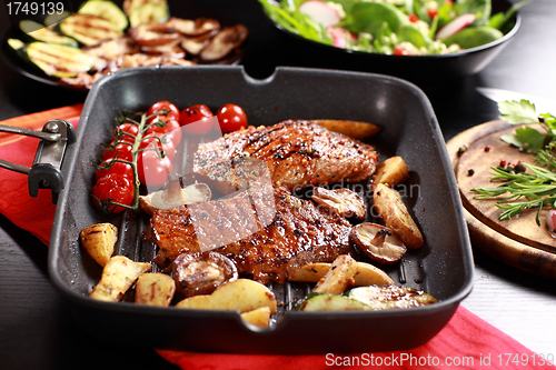 Image of Delicious beef steak with grilled vegetable