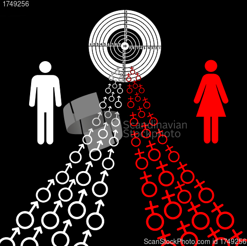 Image of illustration of male and female sex symbols tend toward the goal