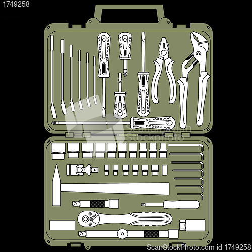 Image of vector set of different tools  in a box