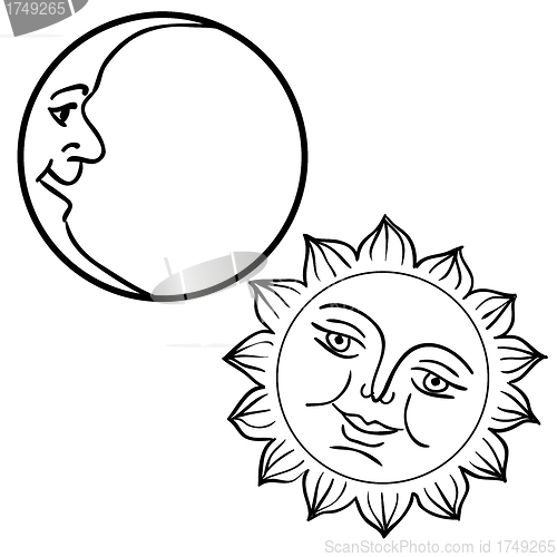Image of Vector illustration of Moon and Sun with faces 