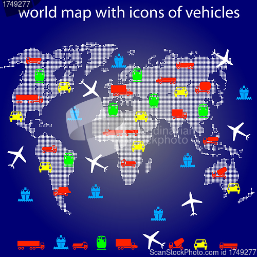 Image of world map with icons of transport for traveling. 