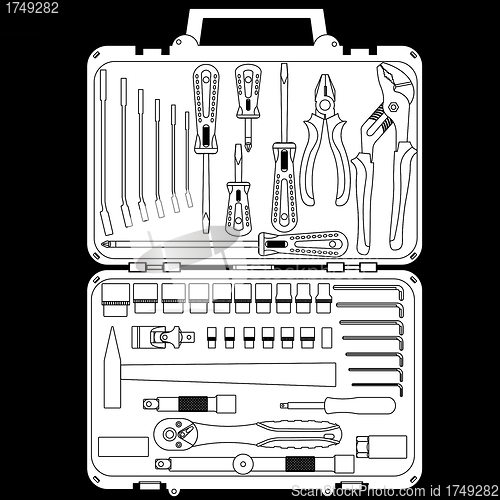 Image of vector set of different tools  in a box