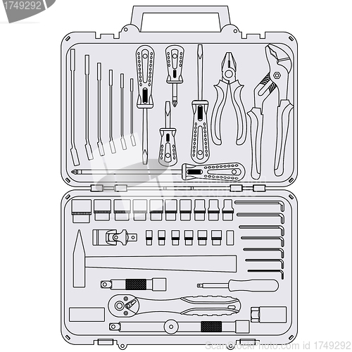 Image of vector set of different tools  in a box