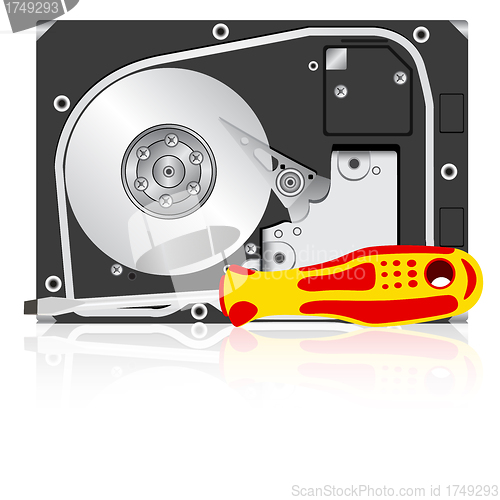 Image of Computer hard disk drive and screwdriver. 