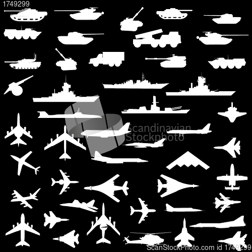 Image of Vector set of aircraft, armored ships and guns.