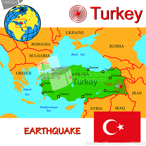 Image of Turkey map with epicenter earthquake.