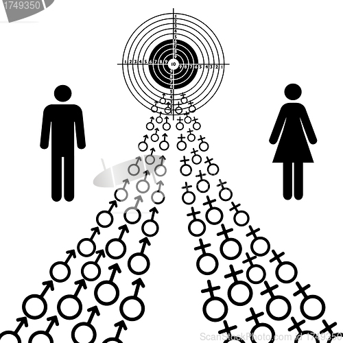 Image of illustration of male and female sex symbols tend toward the goal