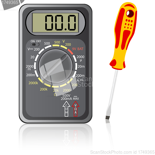 Image of Multimeter of black color and screwdriver