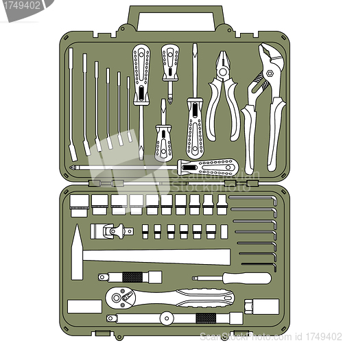 Image of vector set of different tools  in a box