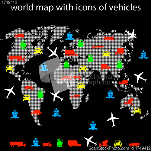 Image of world map with icons of transport for traveling. 