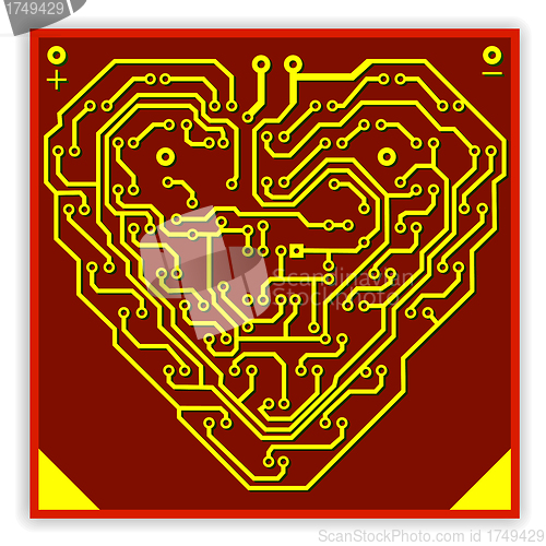 Image of Circuit board pattern in the shape of the heart. Illustration. V