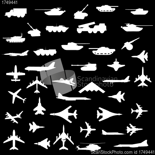 Image of Vector set of aircraft, armored and guns.