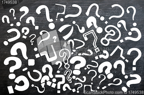 Image of Various question marks on a blackboard