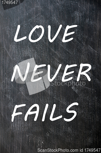 Image of Love Never Fails written on a smudged chalkboard