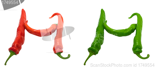 Image of Letter H composed of green and red chili peppers