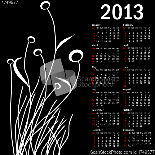 Image of Stylish calendar with flowers for 2013. Week starts on Sunday.