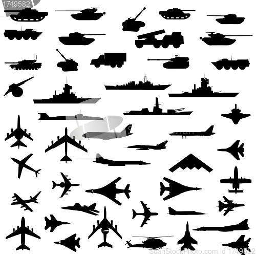 Image of Vector set of aircraft, armored ships and guns.