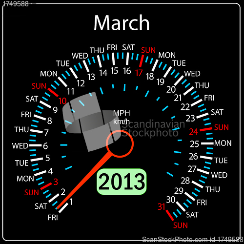 Image of 2013 year calendar speedometer car in vector. March.