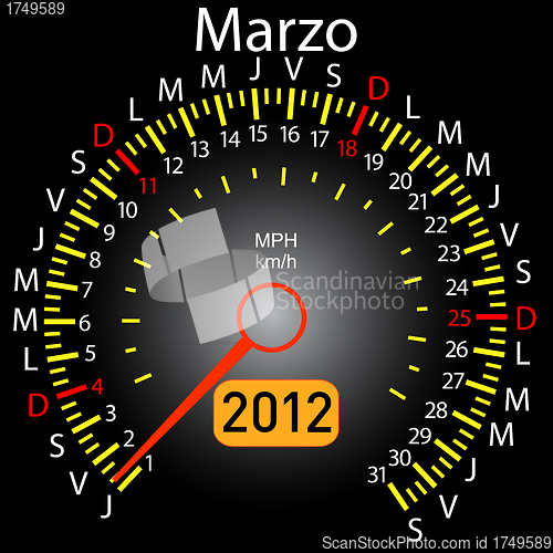 Image of 2012 year calendar speedometer car in Spanish. March