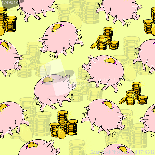 Image of Pig piggy bank, gold coins. 