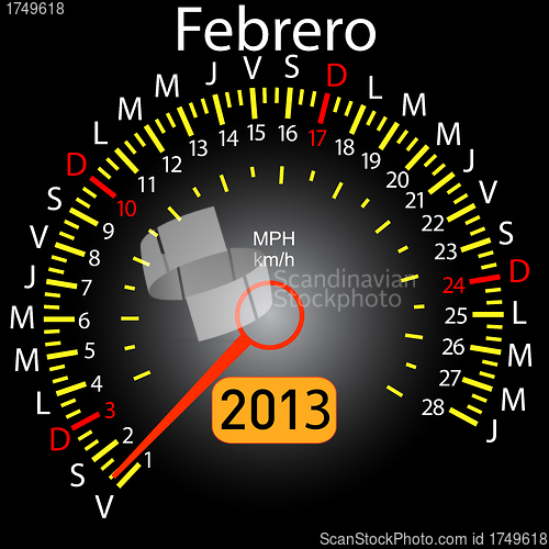 Image of 2013 year calendar speedometer car in Spanish. February