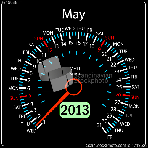 Image of 2013 year calendar speedometer car in vector. May.