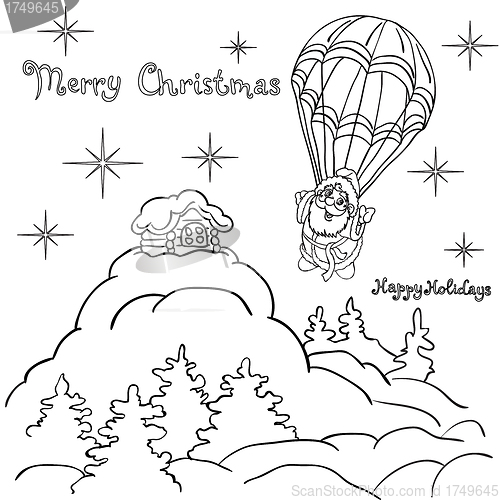 Image of Cheerful Santa Claus goes down from the sky on a parachute. 
